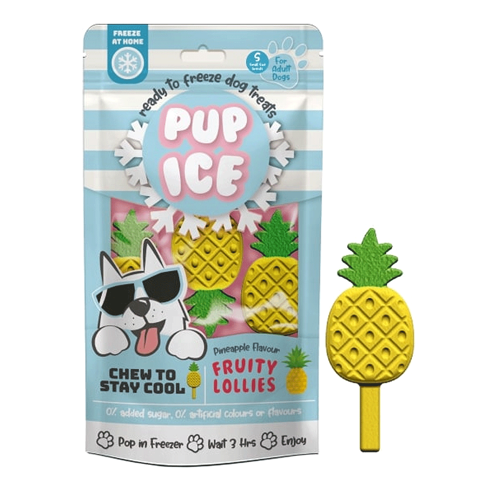 Pup Ice Fruity Lollies Pineapple. Pop in Freezer. Wait three hours. Enjoy.