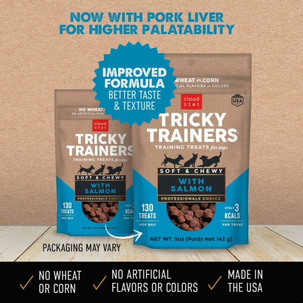 Now with pork liver for higher palatability. Tricky Trainers with salmon. No wheat or corn. No artificial flavors or colors. Made in the USA.