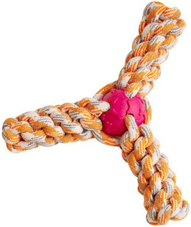 SNUGAROOZ Fling 'N Fun 7 features an intricately braided cotton rope connected to a central rubber ball.